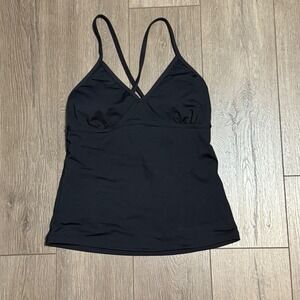 Athleta Black Tankini Swim Top Small Neon Yellow Lining Lace Up Back V-Neck
